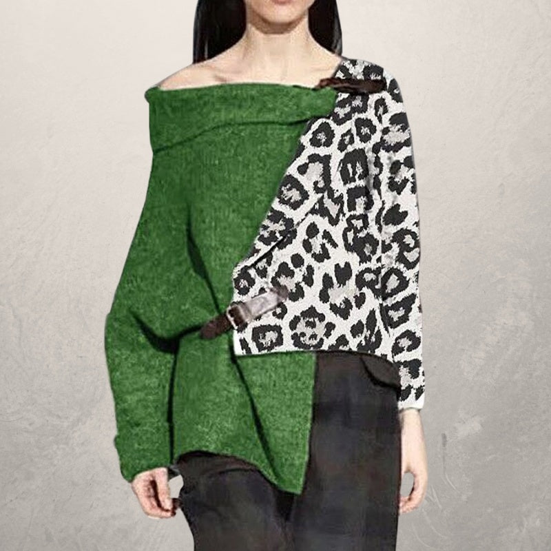 Leopard Print Stitching Irregular Sweater