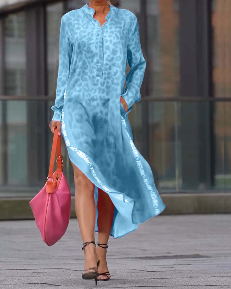 European And American Printed Long Sleeve V-neck Leopard Print Split Pocket Dress