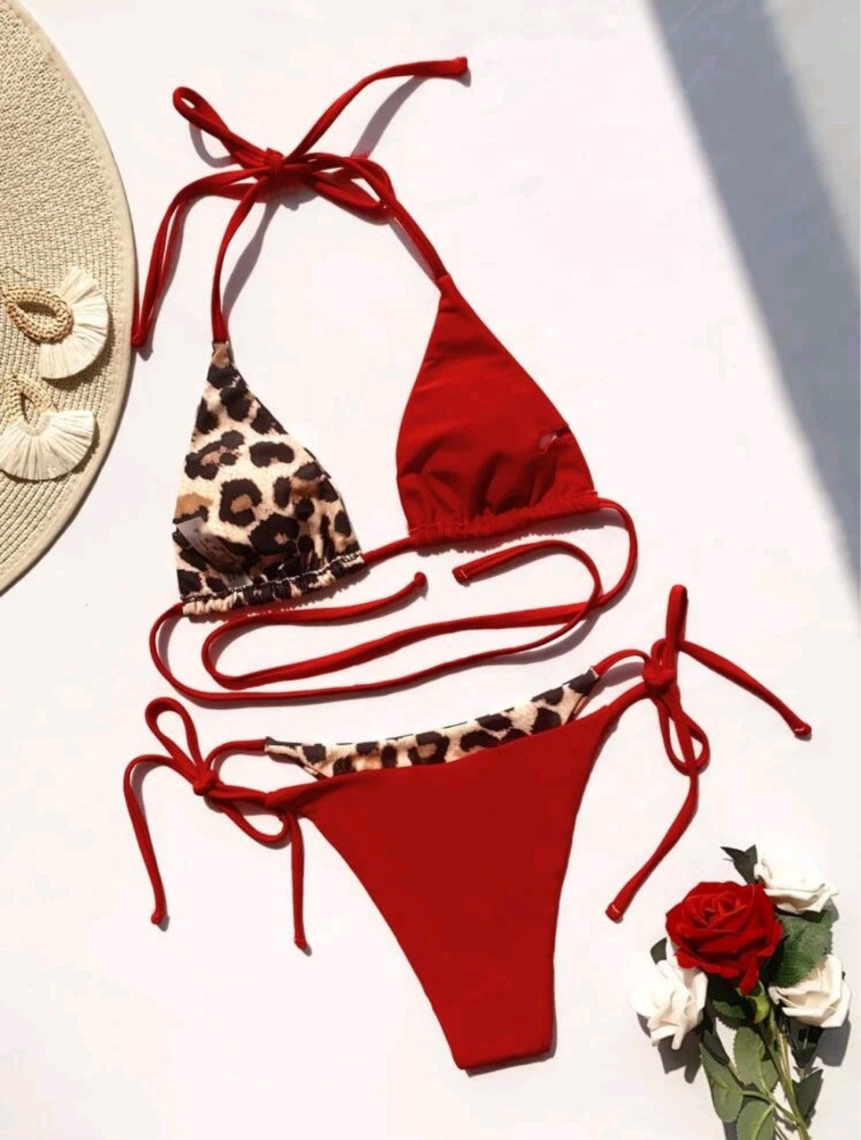 Damen Leopard Print Split Badeanzug Halter Lace-up Bikini Anzug
