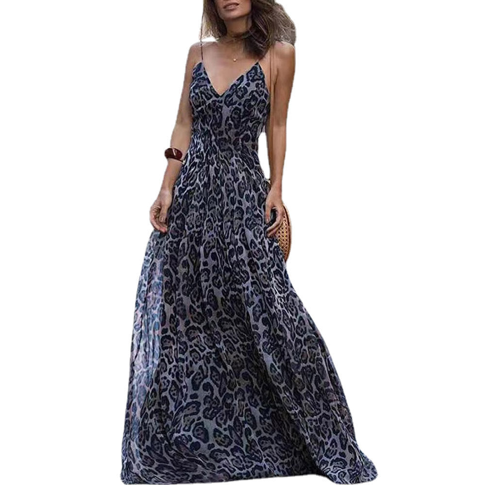 New Style Women's European And American Fashion Leopard Print V-neck Backless Dress With Suspenders