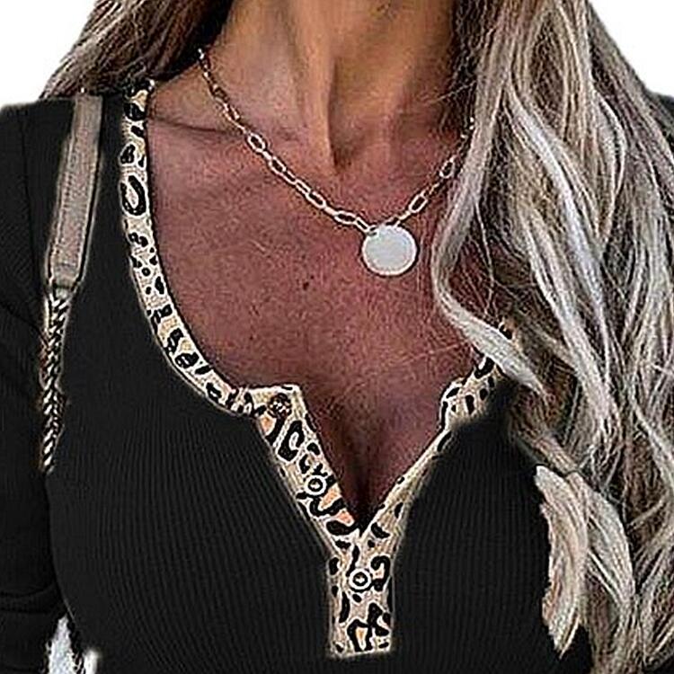 Leopard Style Spleißen V-Ausschnitt Knopf Top Sexy Slim Fit T-shirt
