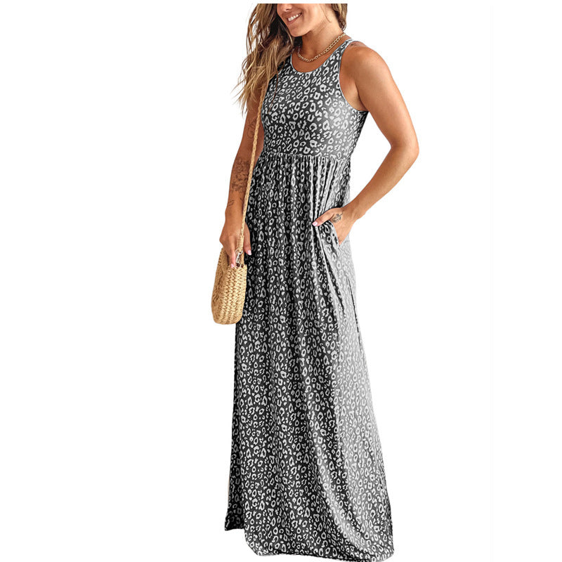 Leopard Print Vest Sleeveless Round Neck And Long Pattern Dress