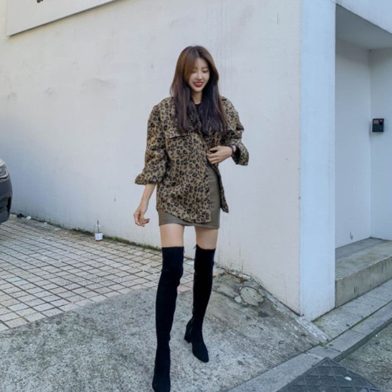 Autumn New Style Women's Woolen Shirt And Leopard Print Jacket