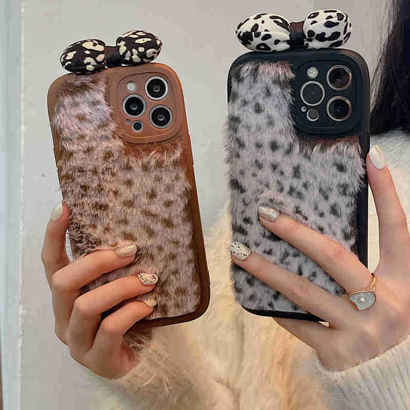 Plüsch Leopard Print Schleife Silikon Handyhülle
