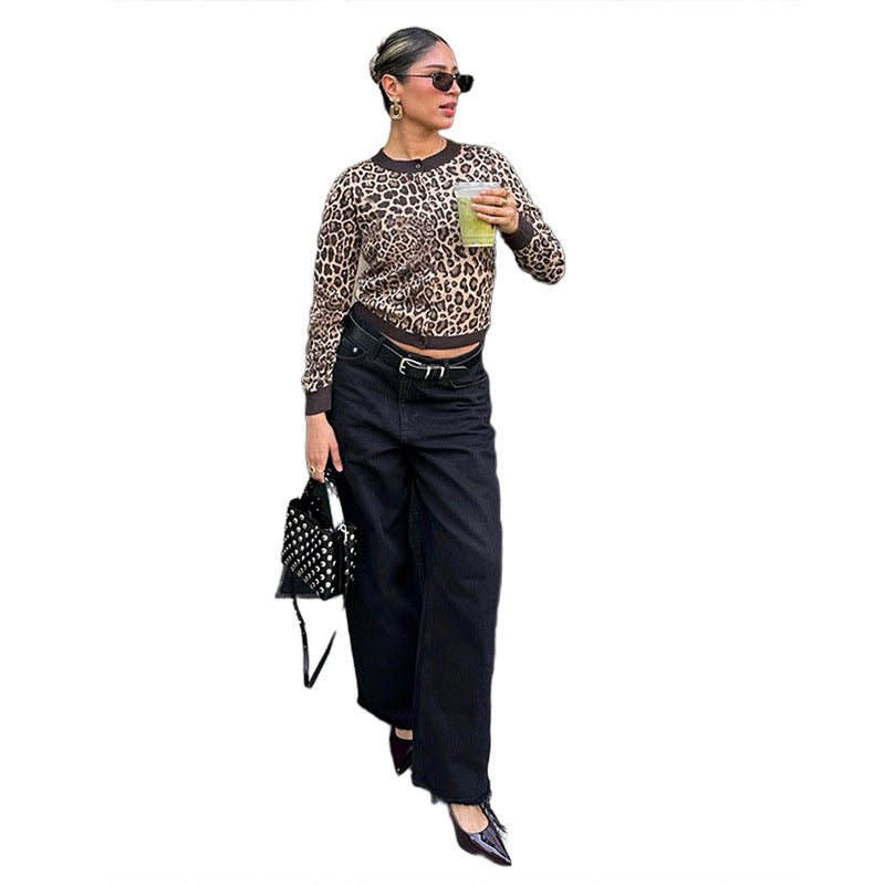 Design Leopard Print Long Sleeve Knitted Cardigan Top