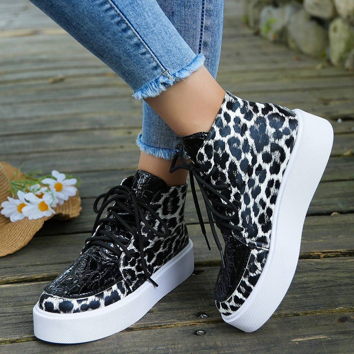Herbst neue High-Top-Leoparden-Druck flach-Absatz-Plattform-Spitze Farbe Block Casual Frauen Schuhe