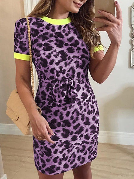 Sommer Neue Damen Slim Fit Leopard Print Kurzärmeliges Kleid