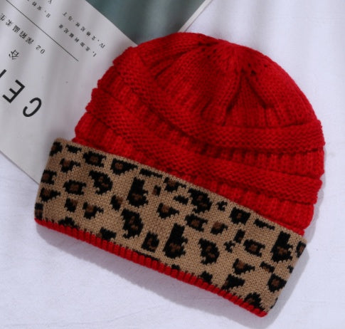 Damen Herbst Winter Leopard Print Cuffed Acryl gestrickt Hut