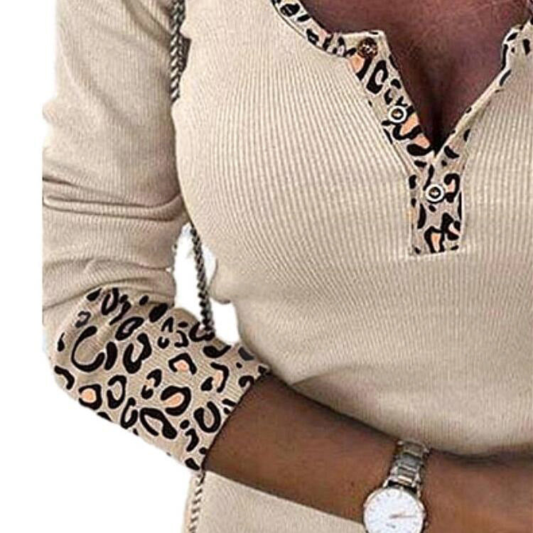 Leopard Style Spleißen V-Ausschnitt Knopf Top Sexy Slim Fit T-shirt