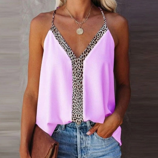 V-Neck Sexy Low-Cut Ladies Strap Leopard Print Top