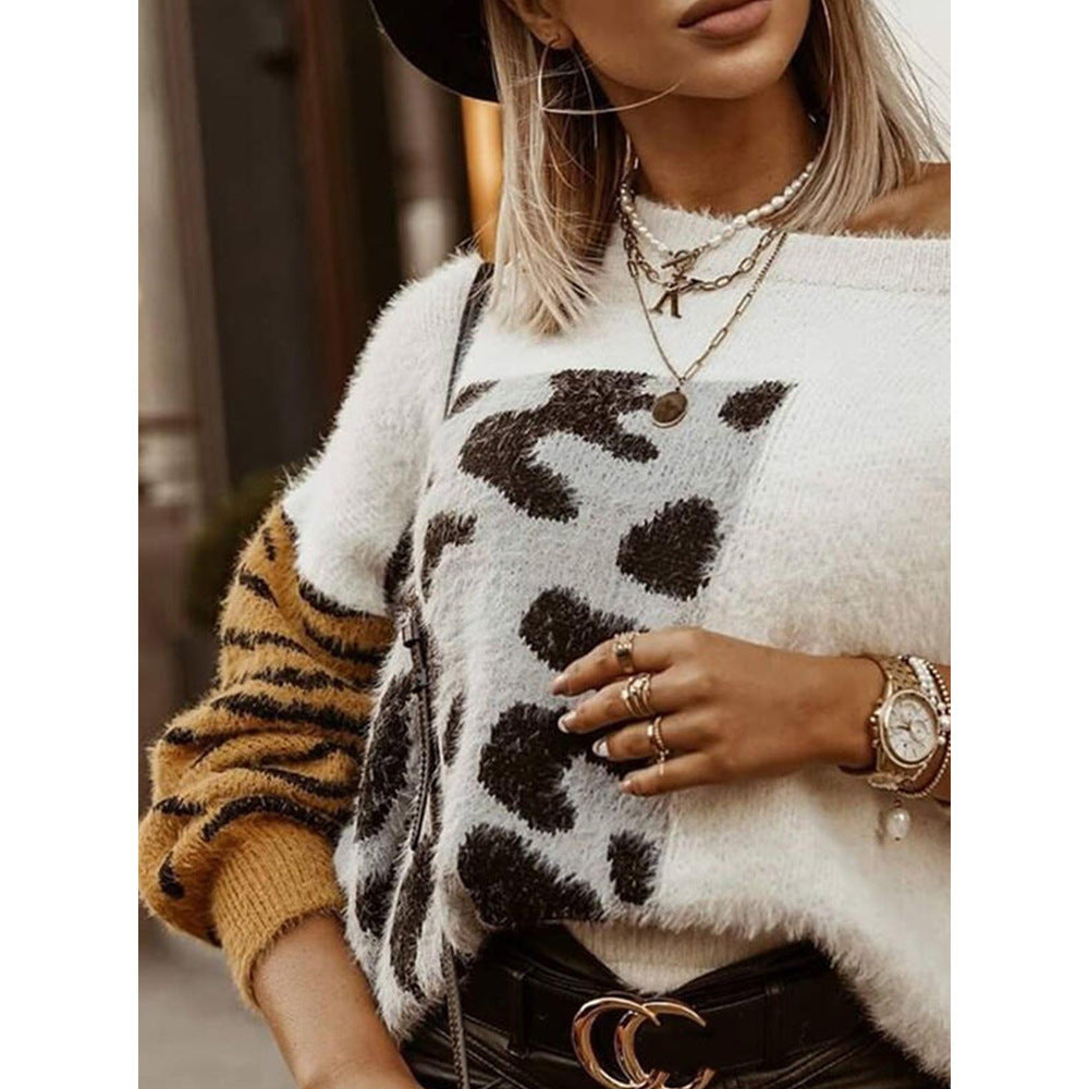 Leopard Print Long-sleeved Woolen Knitted Top Women Sweater