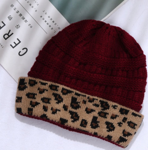 Damen Herbst Winter Leopard Print Cuffed Acryl gestrickt Hut