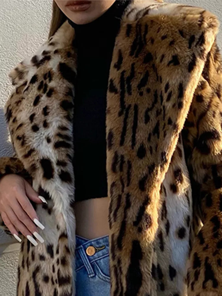 Damenmode Leopardenmuster Anzugkragen Pelzmantel