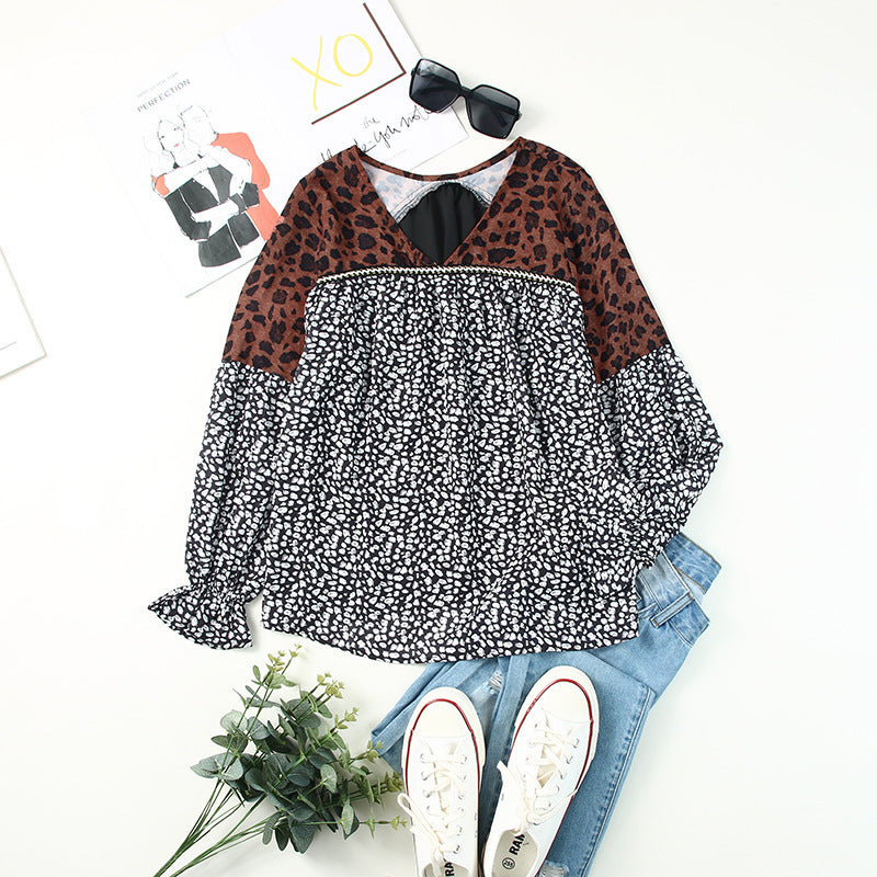 Long Sleeve Pullover Autumn Leopard Print Collar Fashion Ribbon Women's Chiffon Shirt