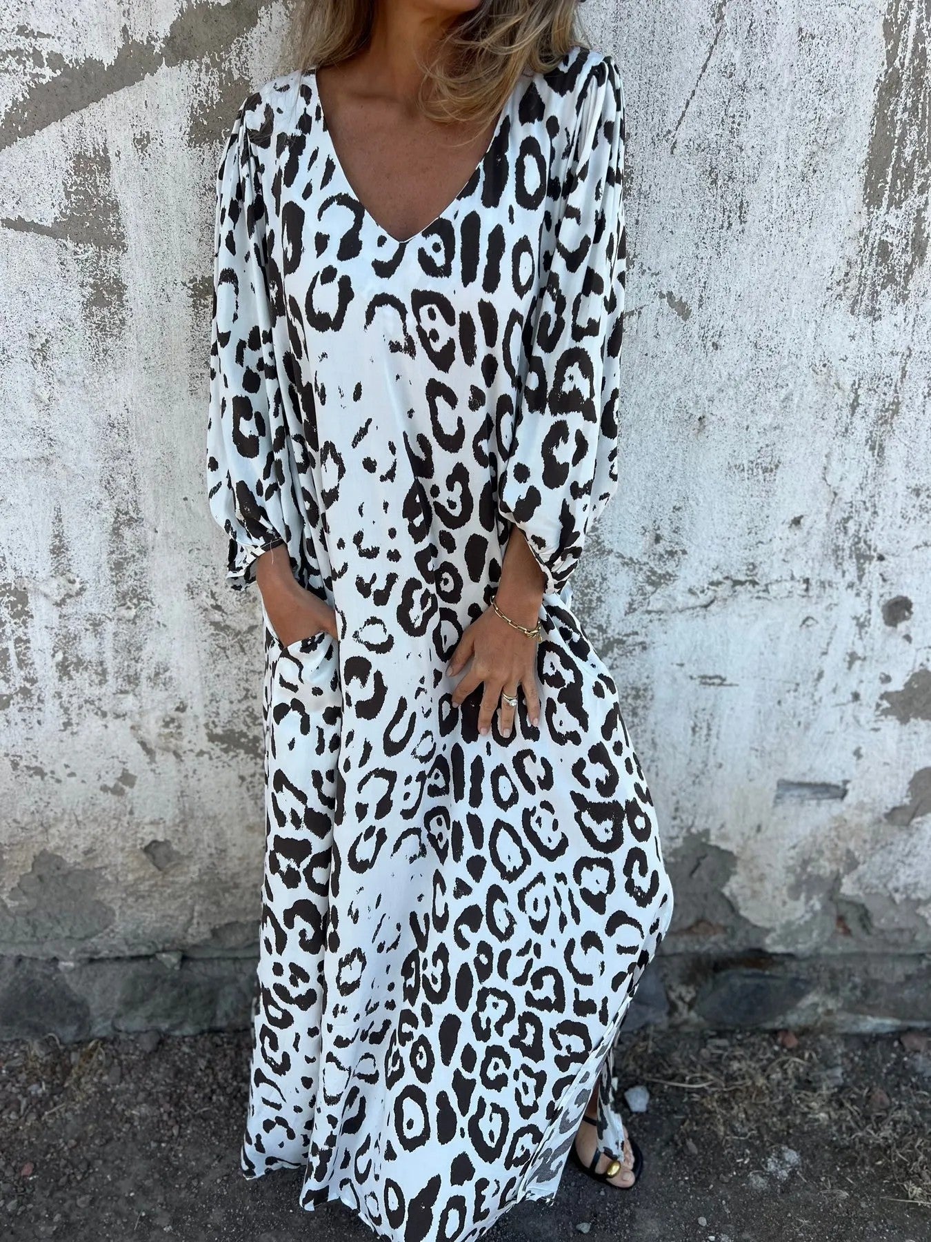 Leopard Print V-neck Printed Long Sleeve Loose Dress Women