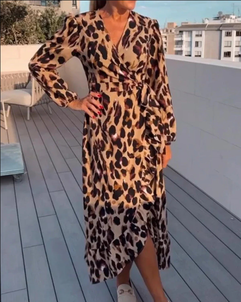 Autumn European And American Sexy V-neck Leopard Print Long Sleeve Dress