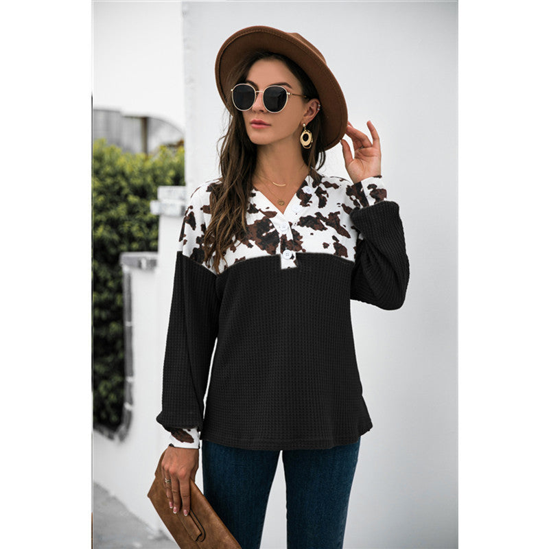 Leopard Print Stitching Loose Casual Long-sleeved Sweater