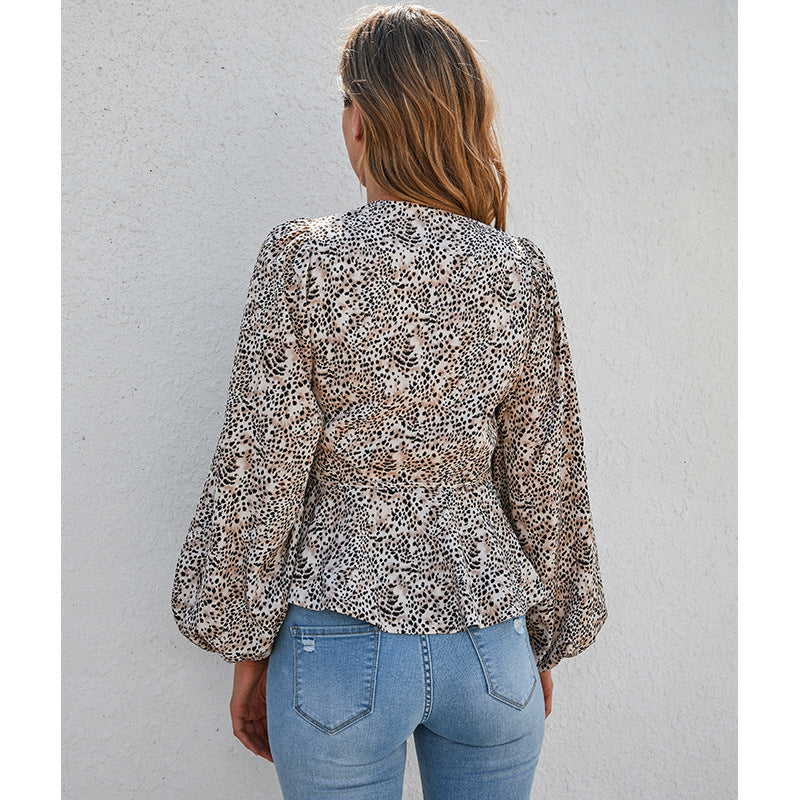 V-neck Lantern Sleeve Leopard Print Temperament Sexy Long-sleeved Top