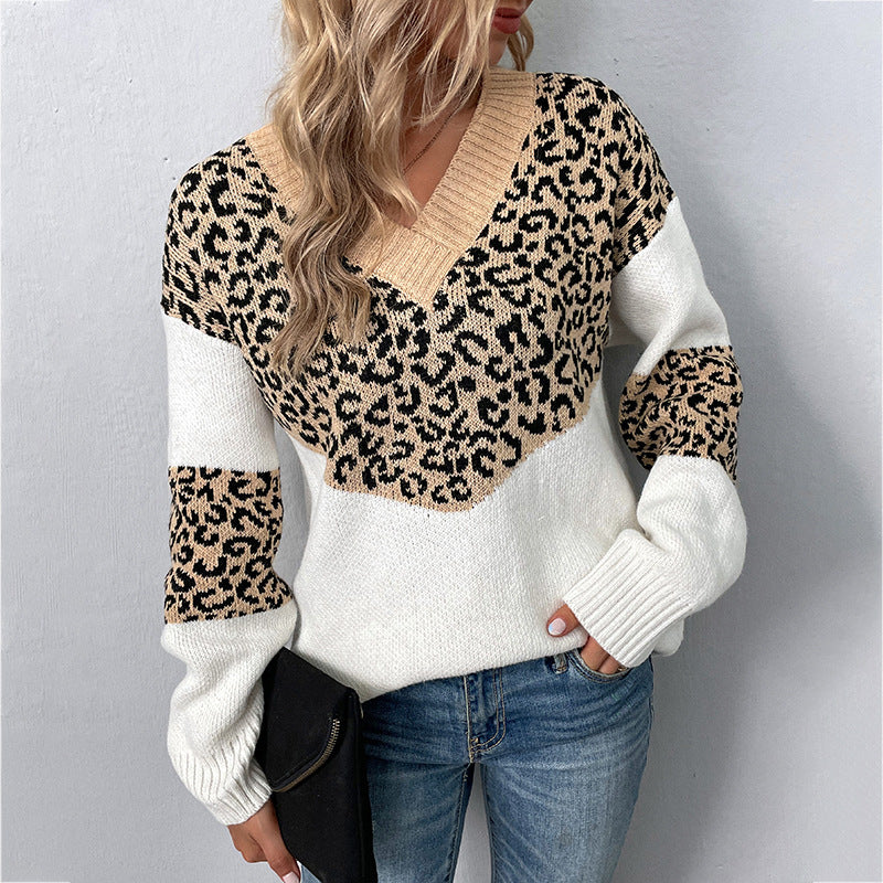 Fur Rain V-neck Pullover Contrast Color Leopard Print Sweater