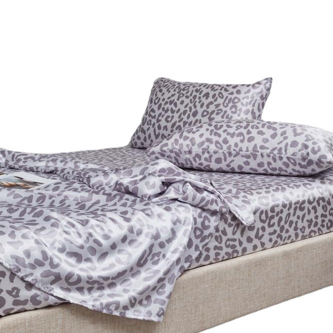 Satin Artificial Silk Printing Bed Sheet Fitted Sheet Pillowcase Digital Printing Silver Leopard Four-piece Set