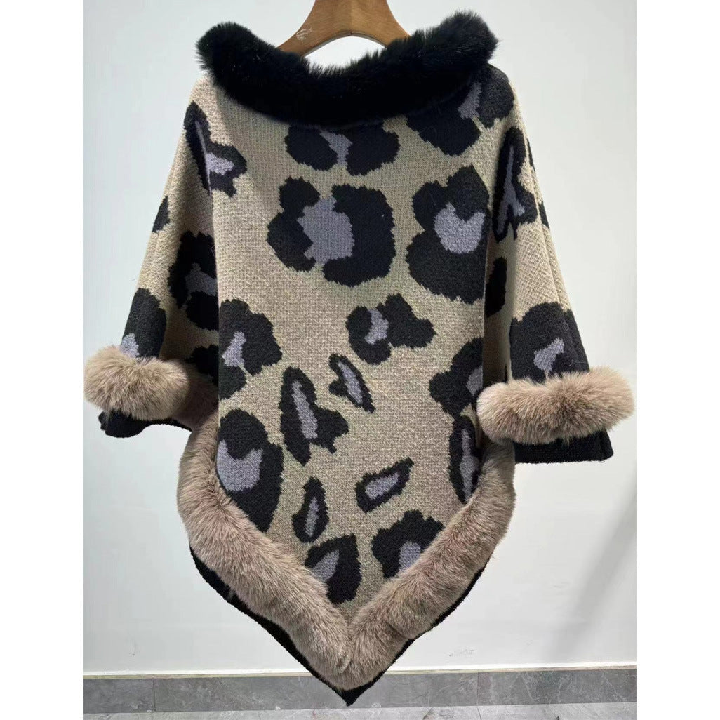 Leopard Print Plus Size Pullover Cloak Big Fur Collar Irregular Mid-length Cloak