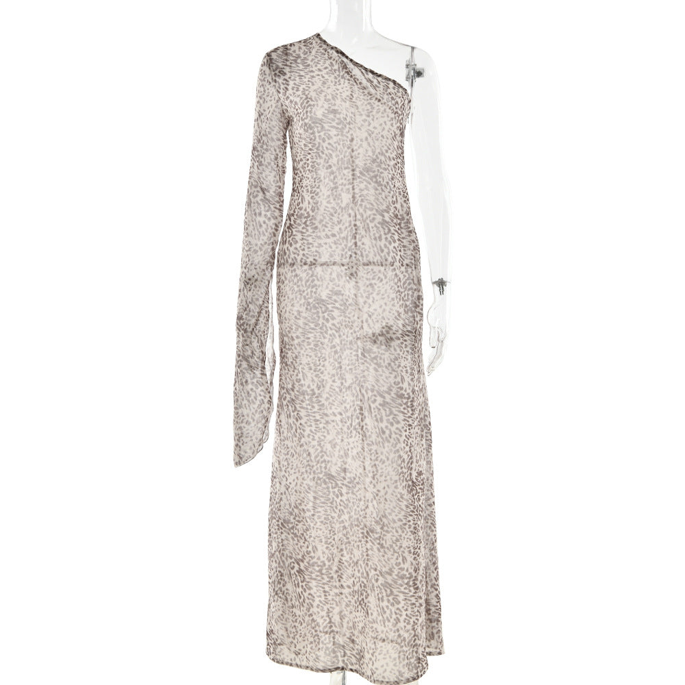 Summer Leopard Print Dress Sexy See-through Shoulder Sleeve