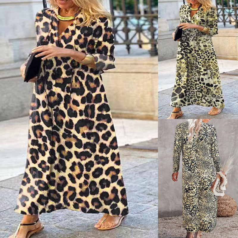 Leopard Print Leisure Pullover Elegant Long Sleeve Blouse Dress