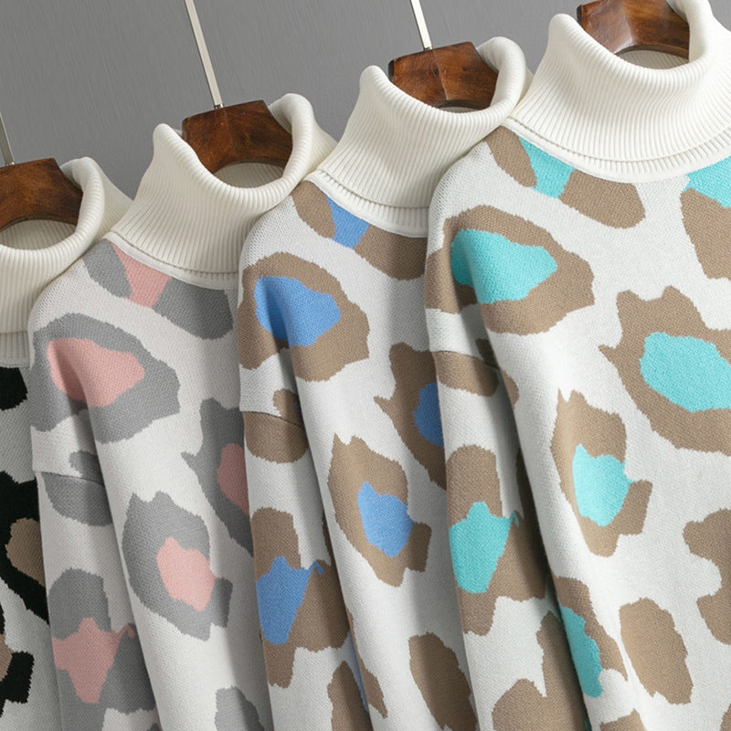 Damen Kleid Modisches Leopardenmuster Rollkragenpullover Gestricktes langes Kleid