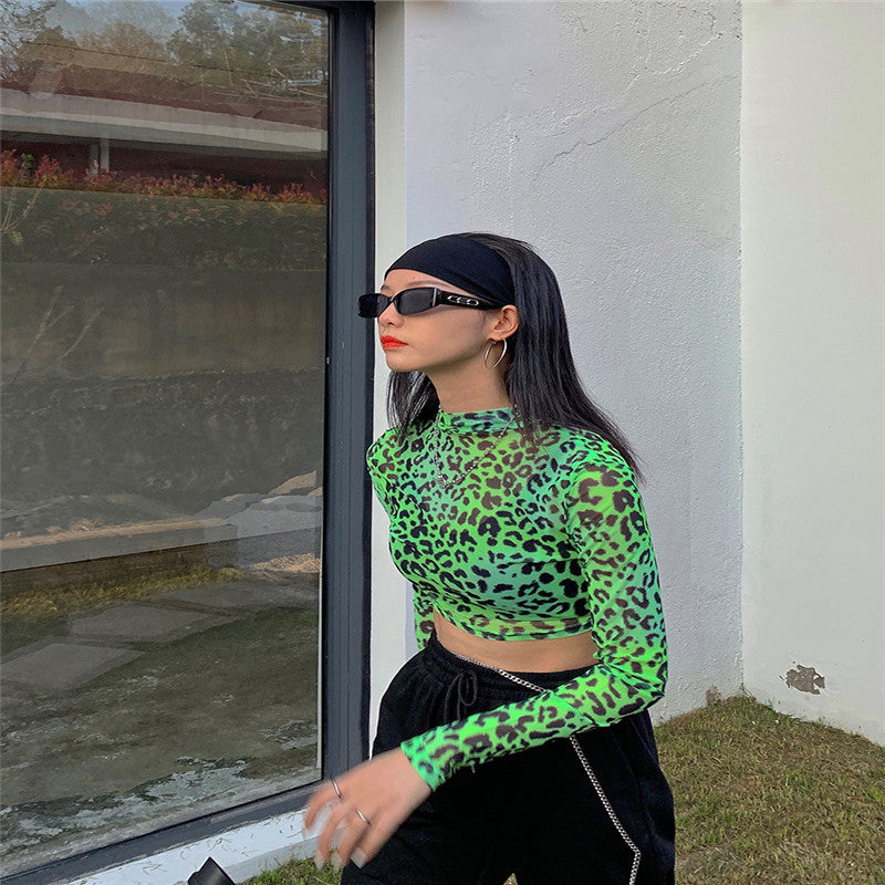 Tight fluorescent green leopard tulle sport's top