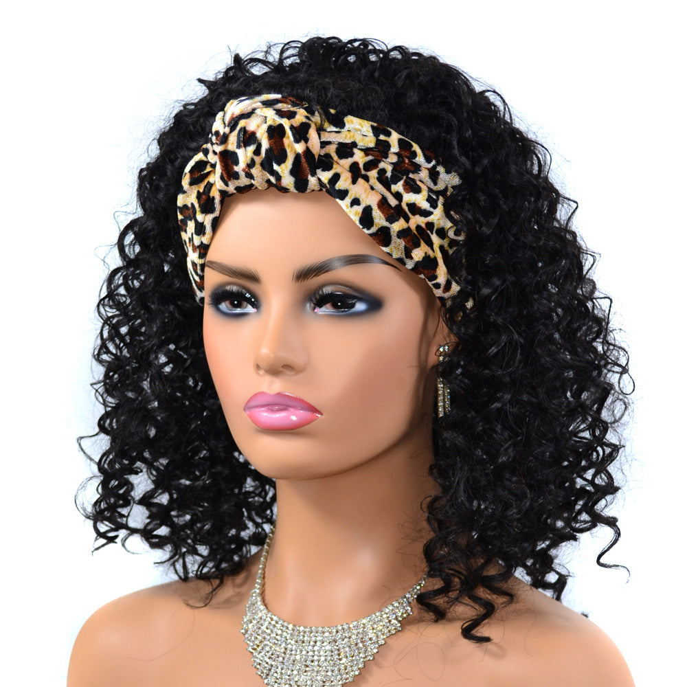 Leopard Print Stirnband Bandana Perücke Kopfbedeckung Mittellang Tief lockig Perücke Kopfbedeckung