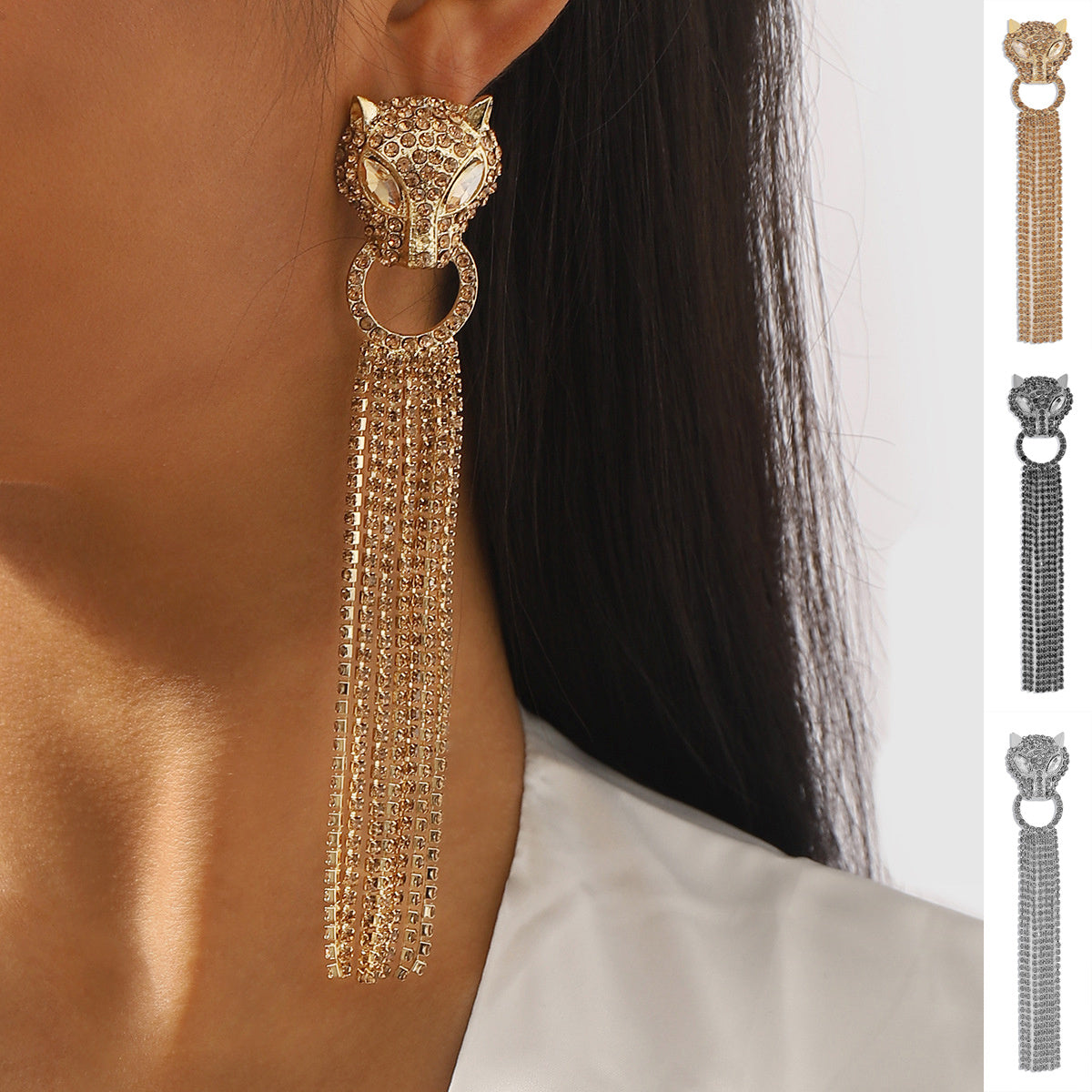 Personalisierte Leopard Kopf Ohrringe mit Quaste Strass Trendy Mode Schmuck Luxus lange Ohrringe für Frauen