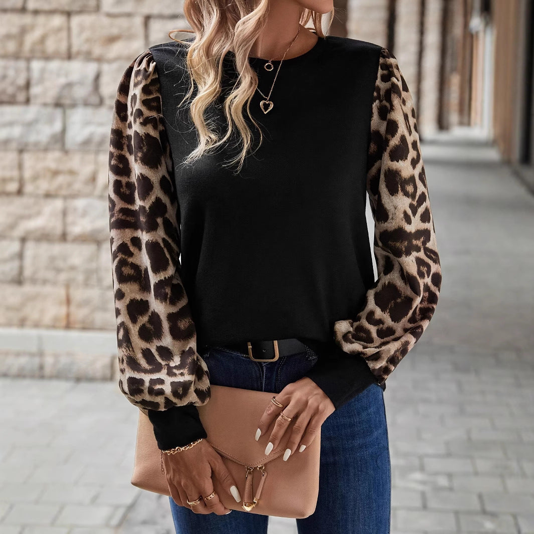 European And American Leopard Print Long Sleeve Round Neck Stitching