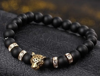 Leopard Round Bead Armband Herrenarmband Perlen Vulkanstein