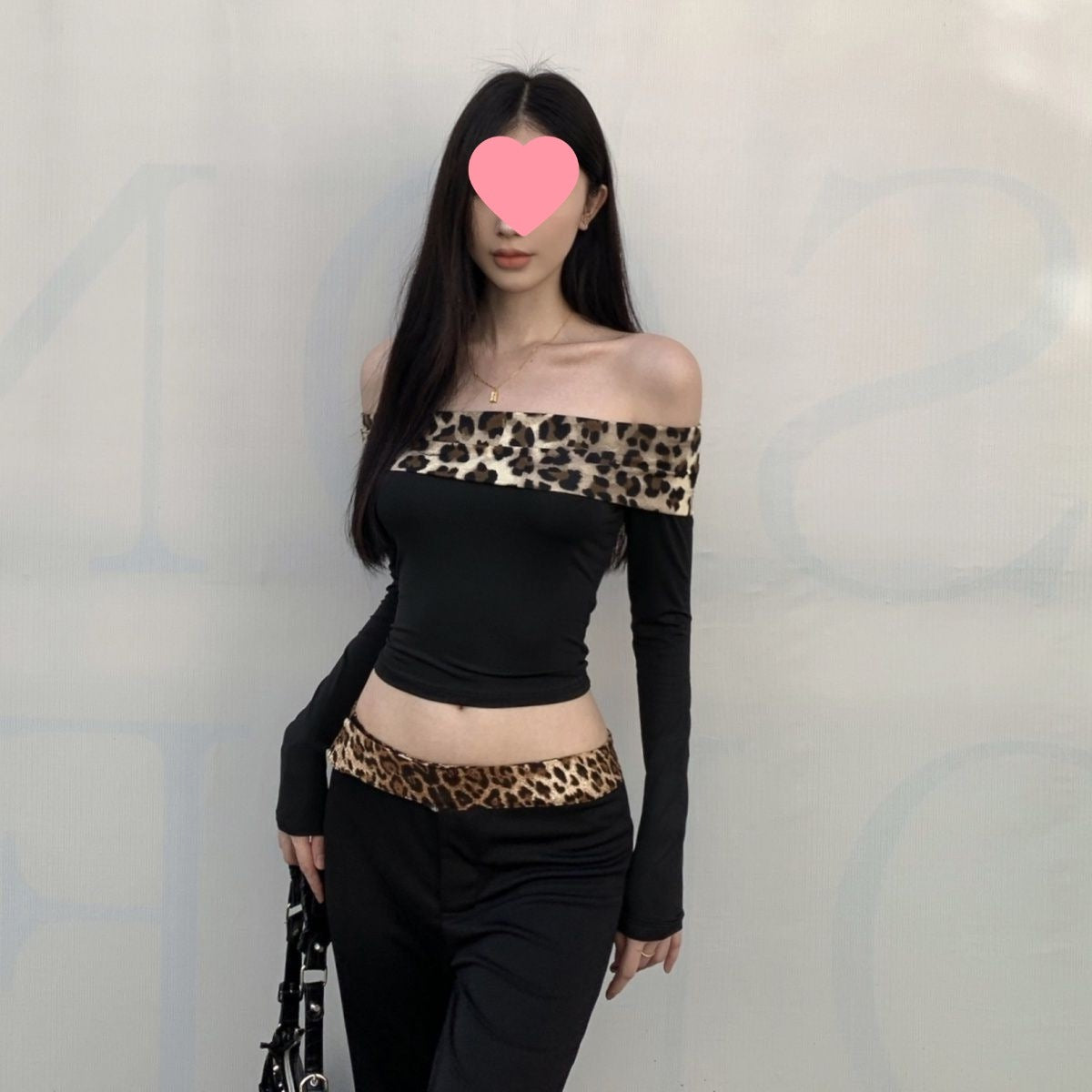 Off-shoulder Leopard Splicing Long Sleeve Autumn And Winter American Hot Girl Suit