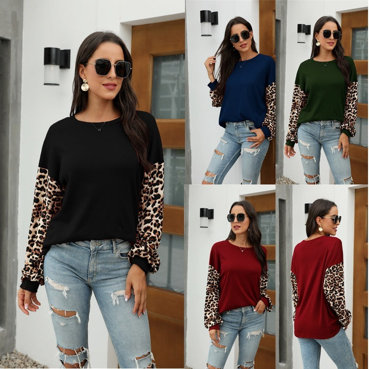 Rundhalsausschnitt Leopard Print Nähte T-Shirt Sweatshirt