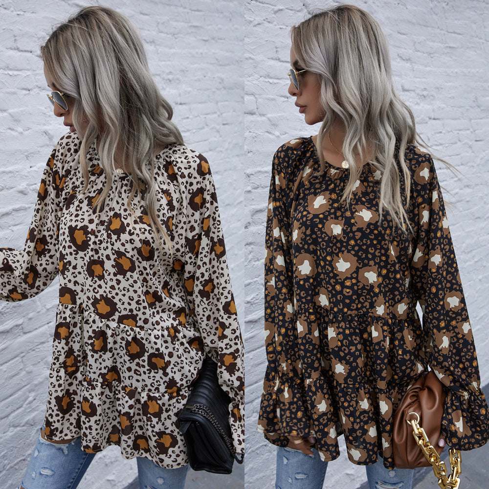 Women's Fashion Loose Flare Sleeve Tie-neck Leopard-print Shirt