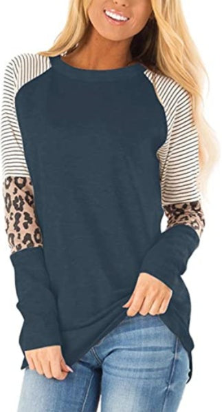 Langärmeliges Paneel Leopard style Lässiges T Shirt Top