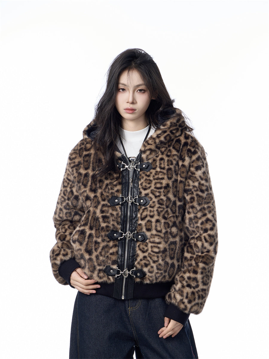 Hooded Jacket Women's Loose Thick Leopard Print Full Print Design Street Coat