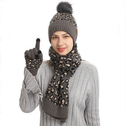 Winter Leopardenmuster Warm gestrickt Wolle Mütze Schal Handschuhe Drei Stück Set