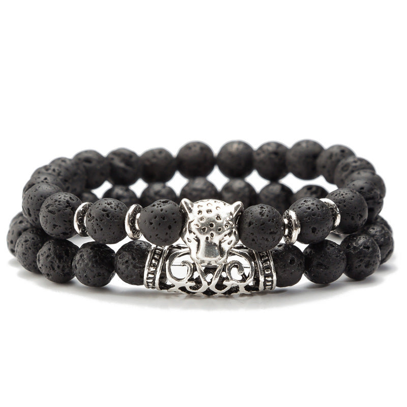 Achat Perlen Ornament Lava Vulkanstein Leopard Kopf Set Armband