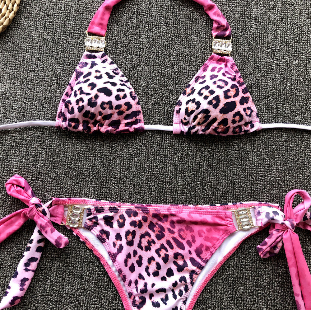 Pink Leopard Print Sexy Split Swimsuit