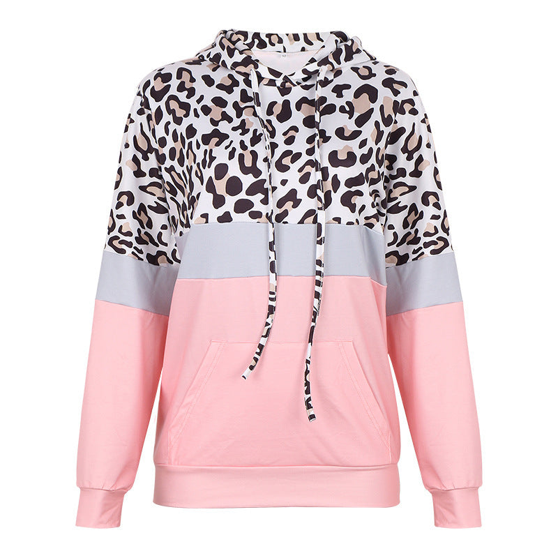 Leopard Print Long-Sleeved Hooded Stitching Padded Sweater