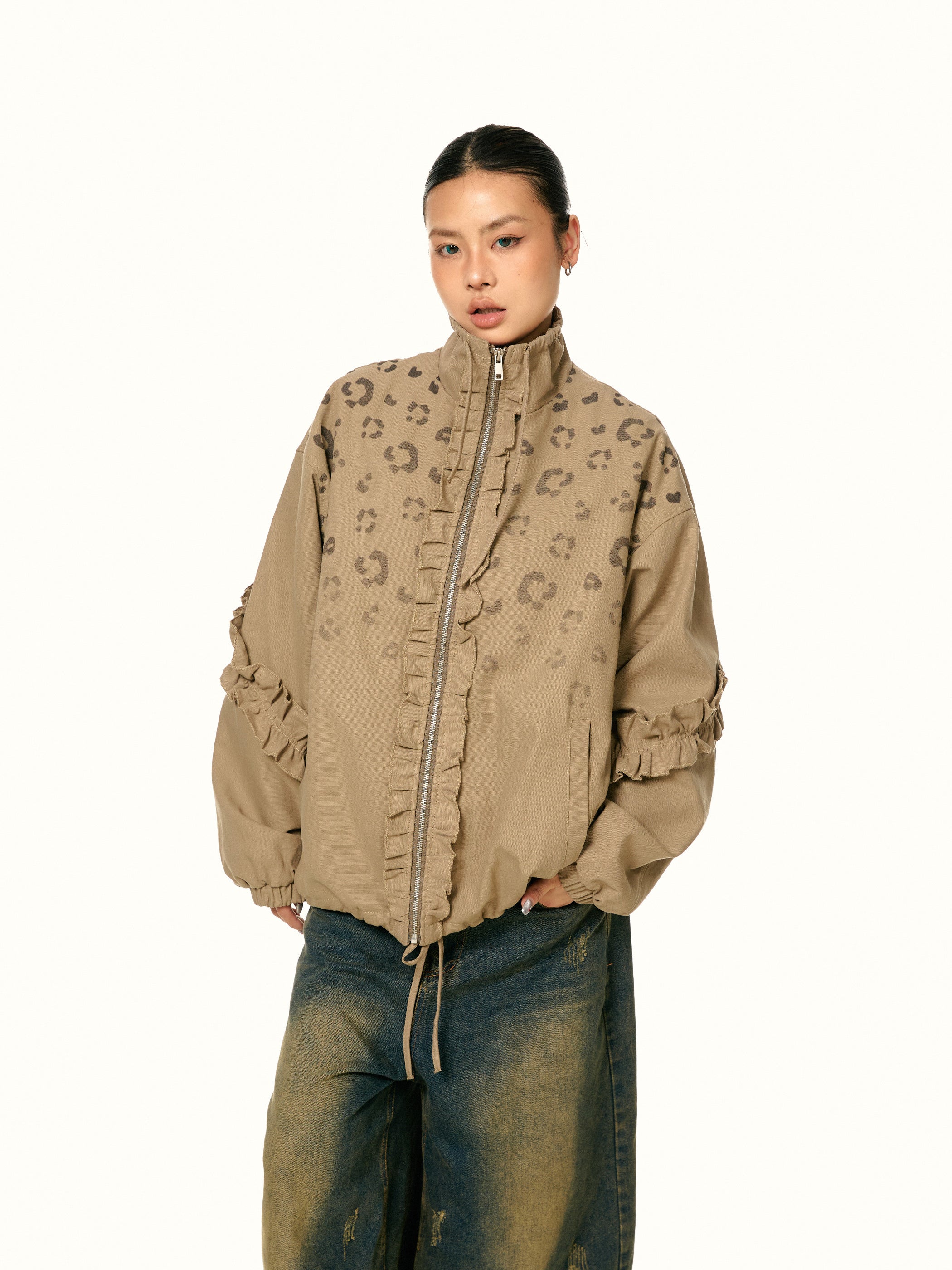 American Retro Stringy Selvedge Stand Collar Leopard Print Coat