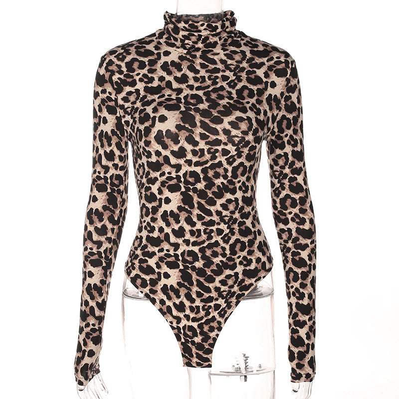 Sexy high collar leopard jumpsuit long-sleeved T-shirt female corset