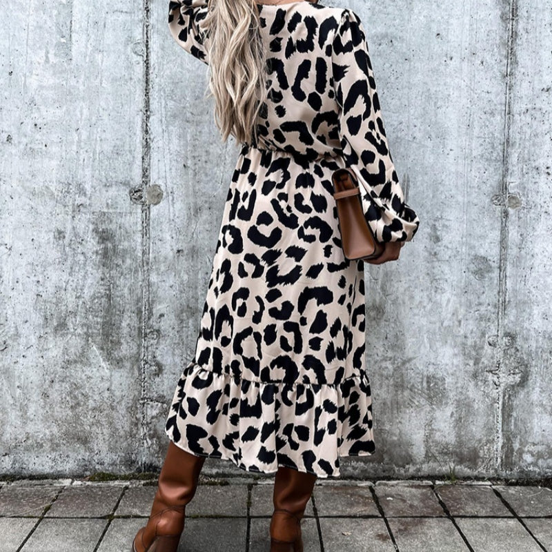 Frauensaison Leopardenmuster Langärmeliges Kleid mit Schlitz