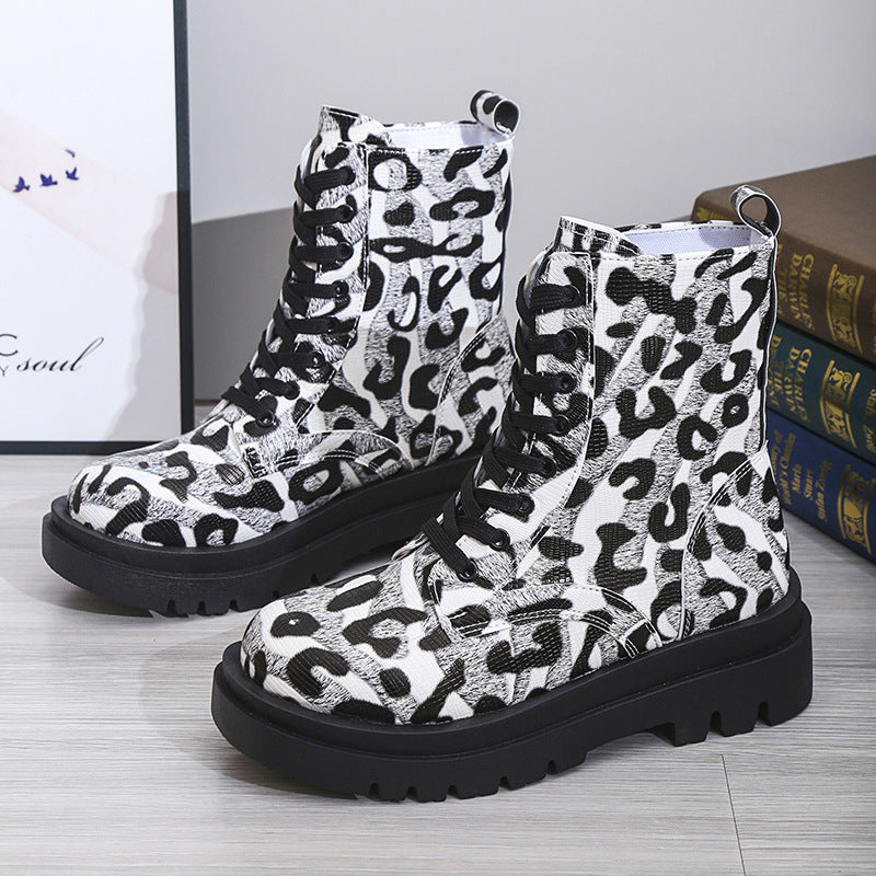 Frauen Martin Stiefel Schwarz Weiß Leopard Print Niedrig Heel Schuhe Cowgirl Stiefel