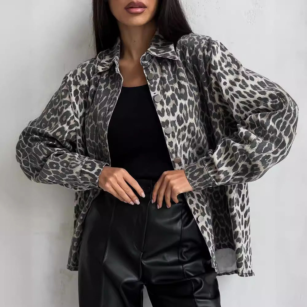 Street Leopard Print Denim Coat Female Loose Retro