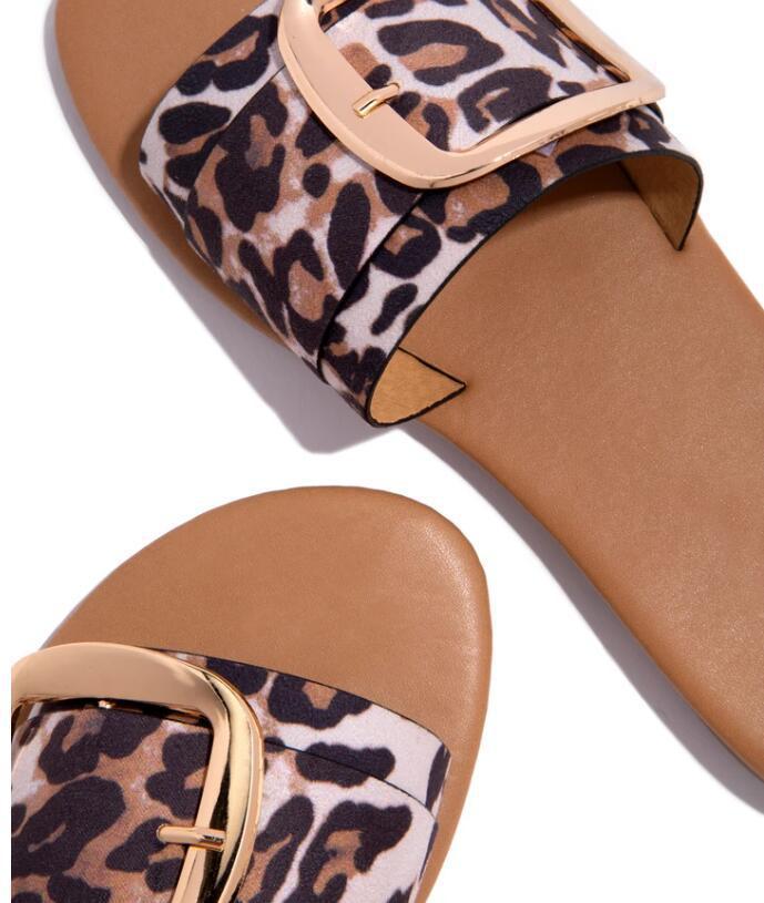 Schnalle Pantoffeln Leopard Print Sandalen Frauen Sommer flache Strandschuhe