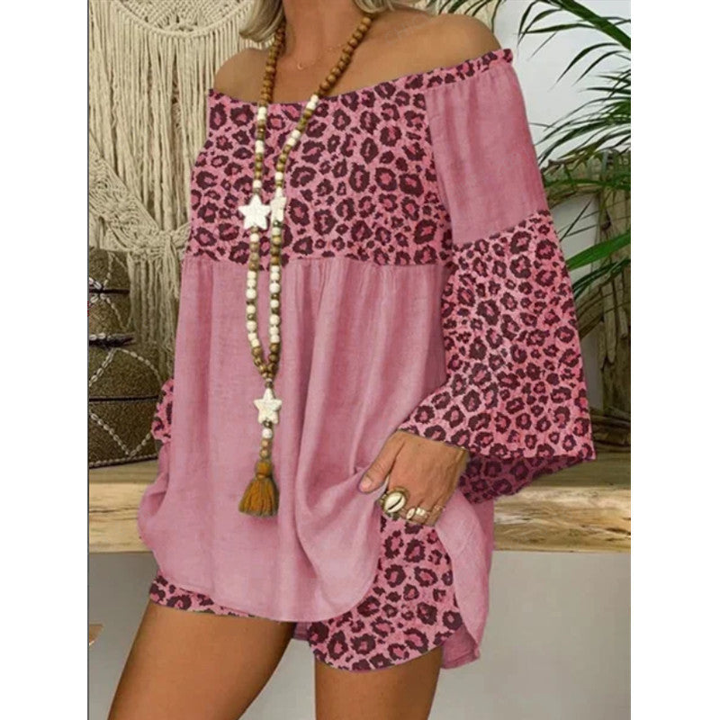 Damenmode Leopard Print Patchwork Lose Baumwolle Leinen Anzug