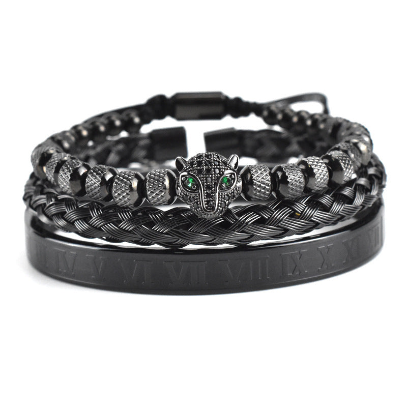 Europäisch und Amerikanisch Antik Leopard Kopf Mesh Woven Armband Edelstahl Römische Zahl Fried Dough Twist Armband